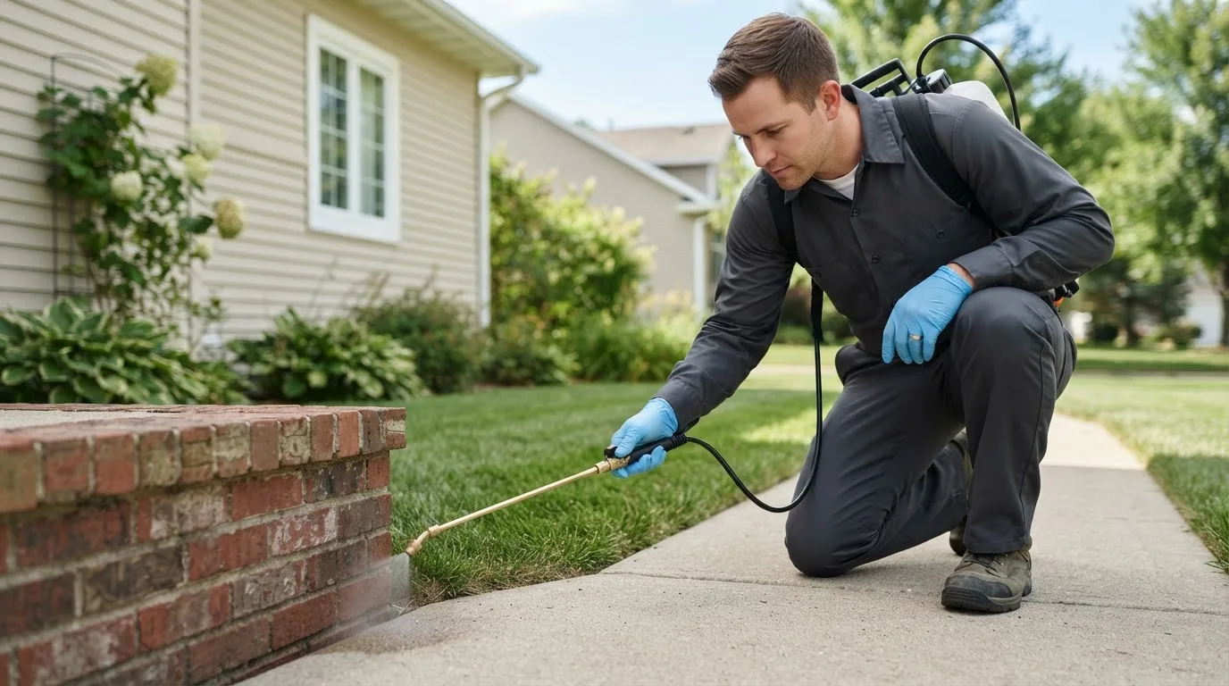 Pest control technician treating a home near Mount Ayr, IN