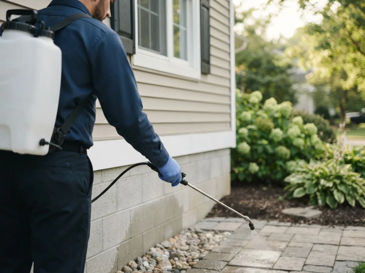 Pest control technician inspecting a home in Mount Ayr, IN